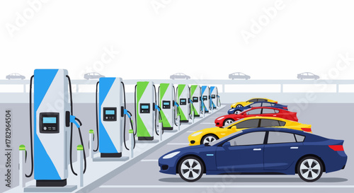 Electric Vehicle Charging Station with Cars, Sustainable Transportation.