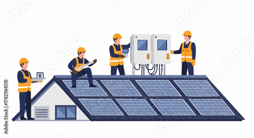Workers installing solar panels on a house roof for renewable energy.