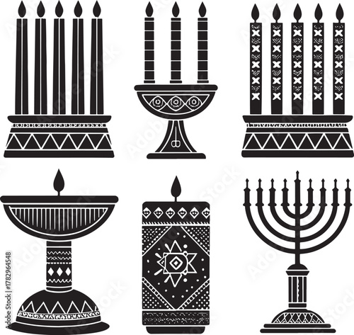 Collection of six kwanzaa african culture black and white graphic illustrations of menorahs and candles with decorative patterns