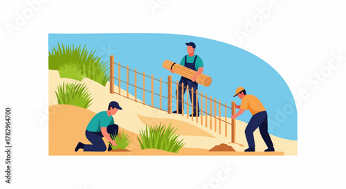 Environmental volunteers planting and maintaining vegetation on a sandy slope.