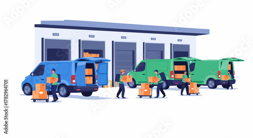Delivery trucks and workers loading boxes at warehouse.