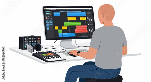 Man working on music production using computer and audio equipment.