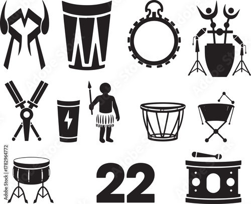 Collection of kwanzaa african culture black silhouette icons featuring tribal drums musical instruments and a figure with a spear