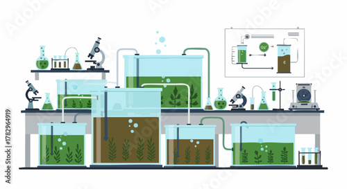 Algae bioreactor laboratory setup for sustainable biotechnology research and development.
