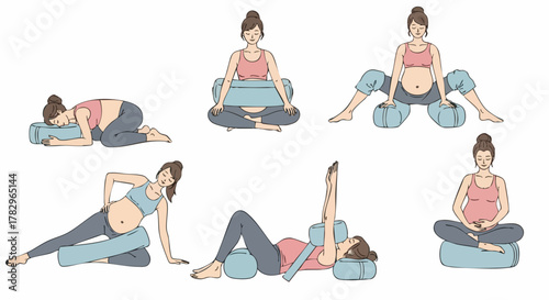 Pregnant women practicing prenatal yoga and stretching with bolsters for comfort and support.