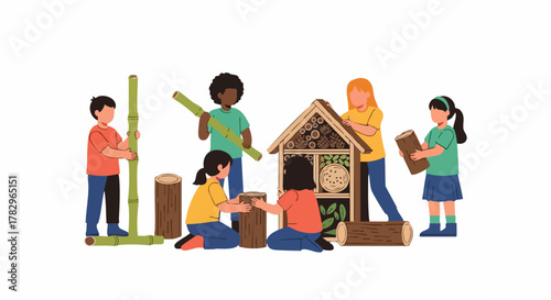 Children Collaboratively Building a Structure with Natural Materials.