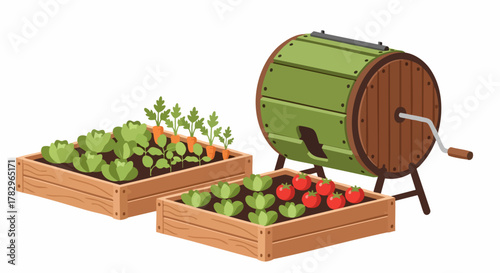 Vegetable Garden with Compost Tumbler and Wooden Crates of Produce.