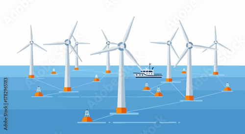 Offshore wind farm generating clean energy with multiple turbines in the ocean.