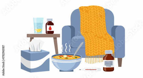 Sick Person Resting at Home with Medicine and Soup.