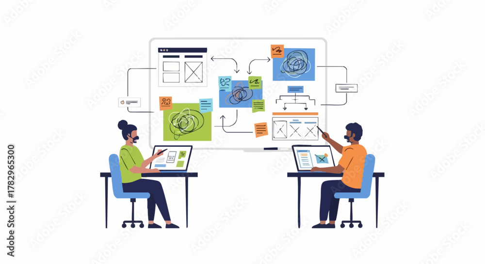 Fototapeta premium Two people collaborating on a project using laptops and a whiteboard.