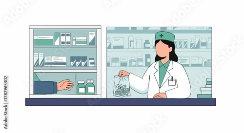 Pharmacist handing medicine to customer.