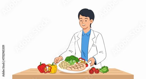 Doctor presenting healthy meal, balanced diet, nutrition concept.