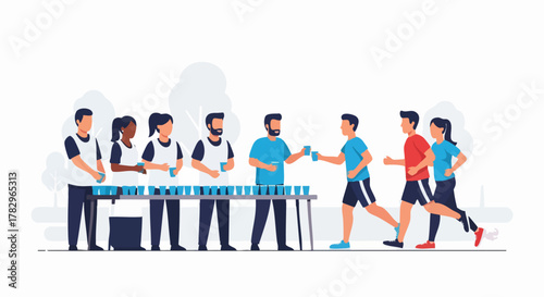 Runners receiving water bottles from volunteers at a race aid station.