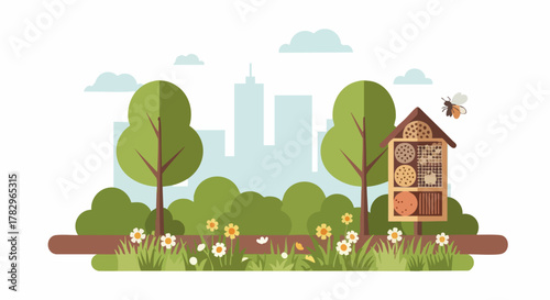 Bee house in a garden with trees and flowers, nature scene.