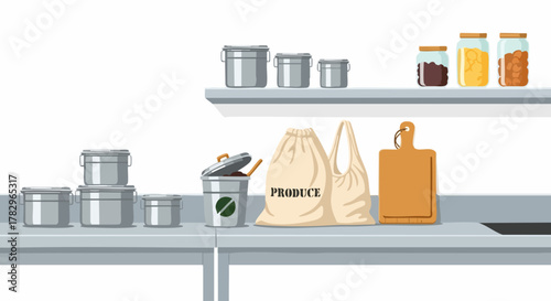 Kitchen counter with containers and reusable bags for groceries.