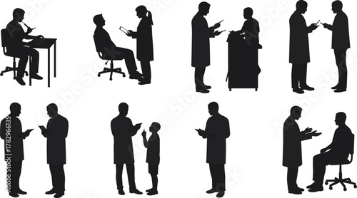 Medical consultation silhouette, doctor patient interaction, healthcare professional meeting, hospital scene illustration, clinical discussion, pediatric care, medical teamwork, diagnosis moment