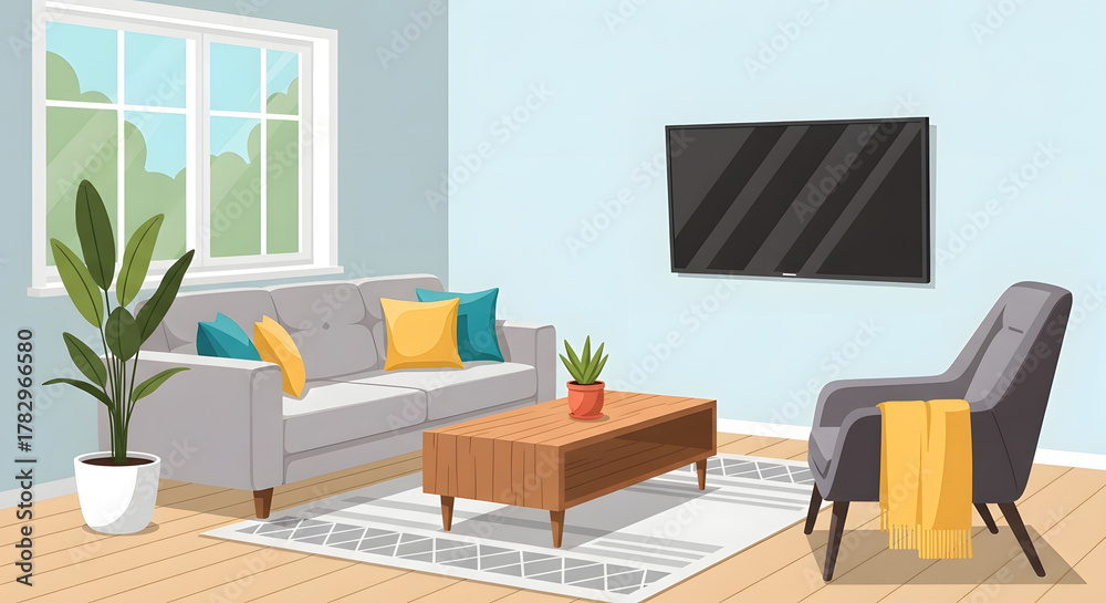 Fototapeta premium Cozy living room with comfortable sofa, armchair, coffee table, and large window offering a view of greenery, perfect for relaxation