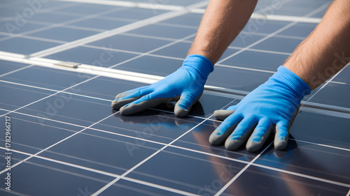 Skilled hands in blue gloves carefully installing solar panels, embracing clean energy future and sustainable technology