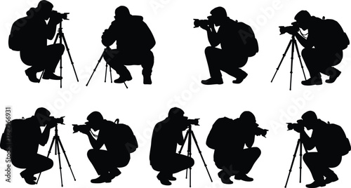 Photographer silhouette, tripod camera setup, crouching pose, outdoor shoot, backpack gear, photo stance, black figure, DSLR action, field photography, technique