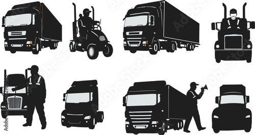 Truck driver vector illustration, cargo transport icons, logistics worker silhouette, delivery vehicle graphics, freight shipping clipart, transportation industry artwork