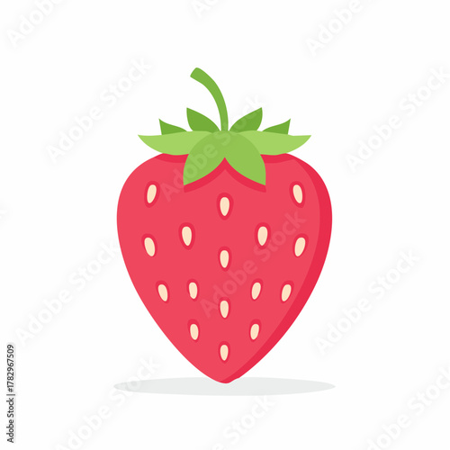 A single red strawberry with green leaves and white seeds.