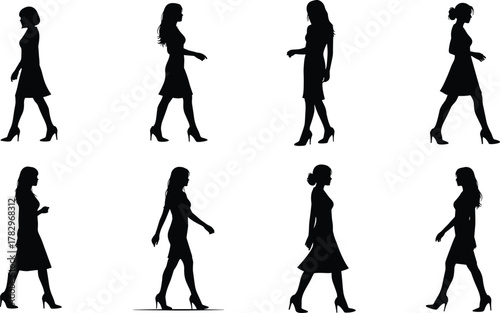 Woman walking silhouette, fashion motion cycle, elegant posture, high heels, dress movement, animation reference, stylish stride, body gesture, model pose