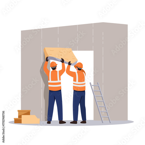 Construction workers installing ceiling tiles indoors