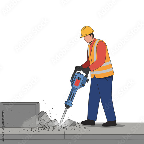 Construction worker using jackhammer on pavement