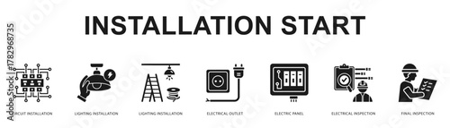 Installation Start Modern and clean web banner illustration featuring thematic icons for visual communication