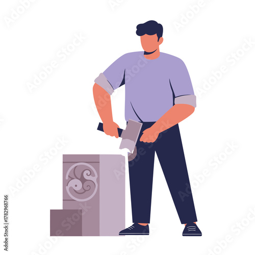 Stone carver shaping a monument