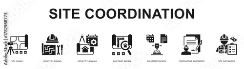 Site Coordination Modern and clean web banner illustration featuring thematic icons for visual communication