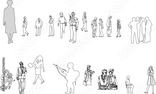 Set of thin outline human figures including police, soldiers, and business professionals, suitable for architectural and planning illustrations.