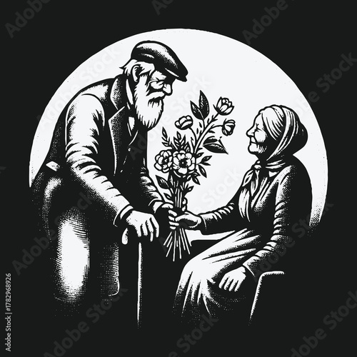 Elderly Couples Tender Moment: Flowers and Loves Embrace.