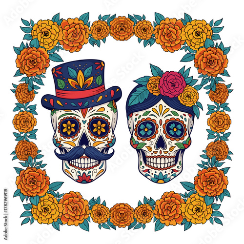 Vibrant Day of the Dead sugar skulls couple illustration with marigold flower frame for Dia de los Muertos celebration