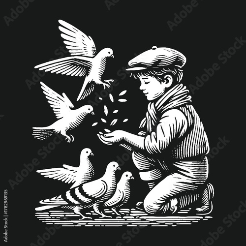 Boy feeding pigeons with seeds in a park.