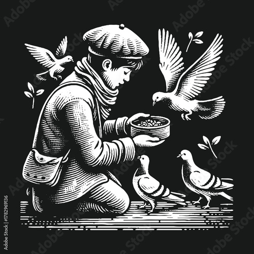 Boy feeding pigeons in park black and white illustration.