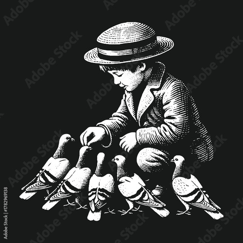 Boy in Hat Feeding Pigeons Black and White Illustration.