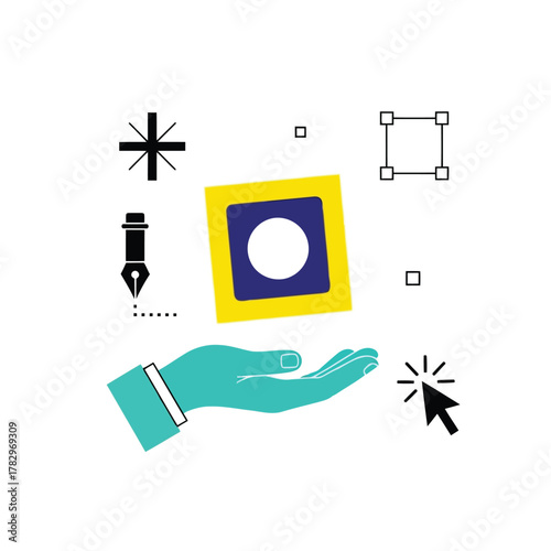 Minimalist flat design concept showing a hand presenting a user interface element with various graphic creation tools and icons
