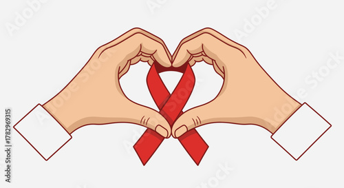 Hands forming a heart shape around a red ribbon, symbolizing AIDS awareness and support.