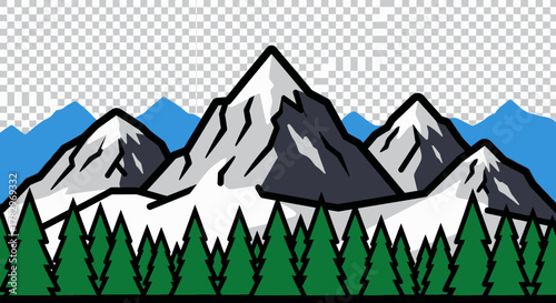 Illustration of snow-capped mountains behind a line of evergreen trees against a transparent background.