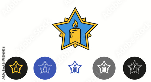 A stylized icon depicting a burning candle within a star shape, with variations.
