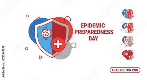 Illustration highlighting epidemic preparedness with shield, virus, and medical cross symbol.