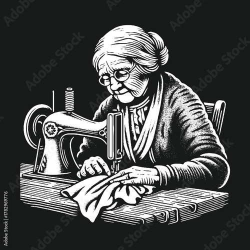 Elderly seamstress diligently working on a sewing machine.