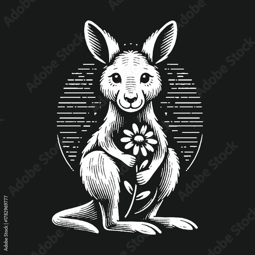 Artistic Kangaroo Holding a Flower in a Black and White Illustration.
