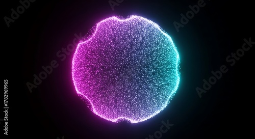 Abstract glowing sphere made of particles, pink and teal
