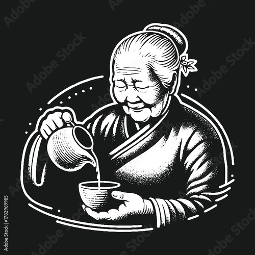 Elderly Woman Pouring Tea in a Serene Moment.