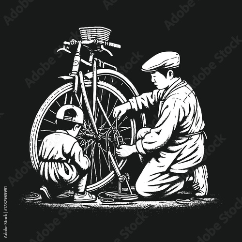 Father and Son Repairing Bicycle Together.