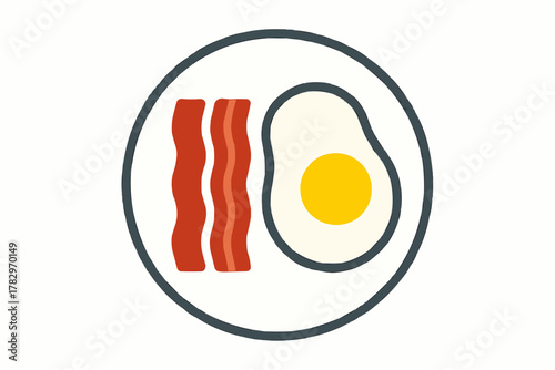 Minimalist Vector Breakfast Plate Illustration. Fried Egg and Solid Color Bacon on White Background.