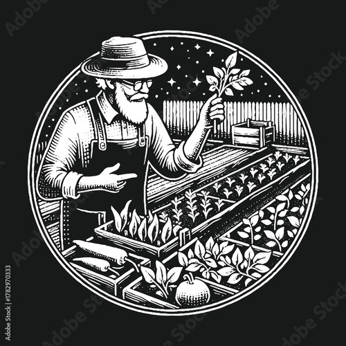 Gardener Inspecting Plants in a Garden with a Hat and Beard.