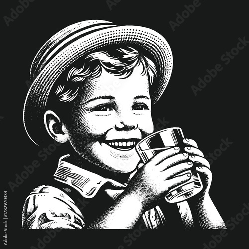 Happy Boy Drinking Water Smiling with a Glass.